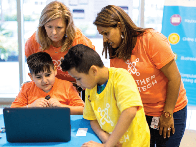 Group of learning.com teachers and students gathered around computer