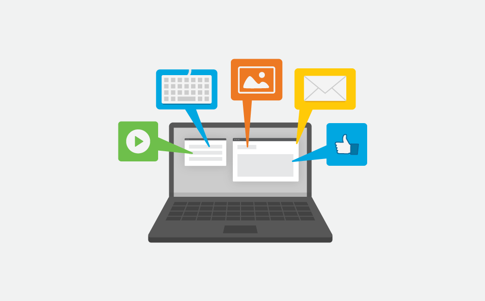 Computer with usability icons pointing to it