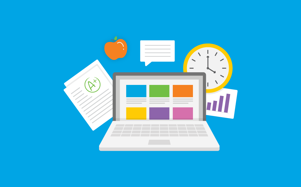 Computer icon with learning icons around it