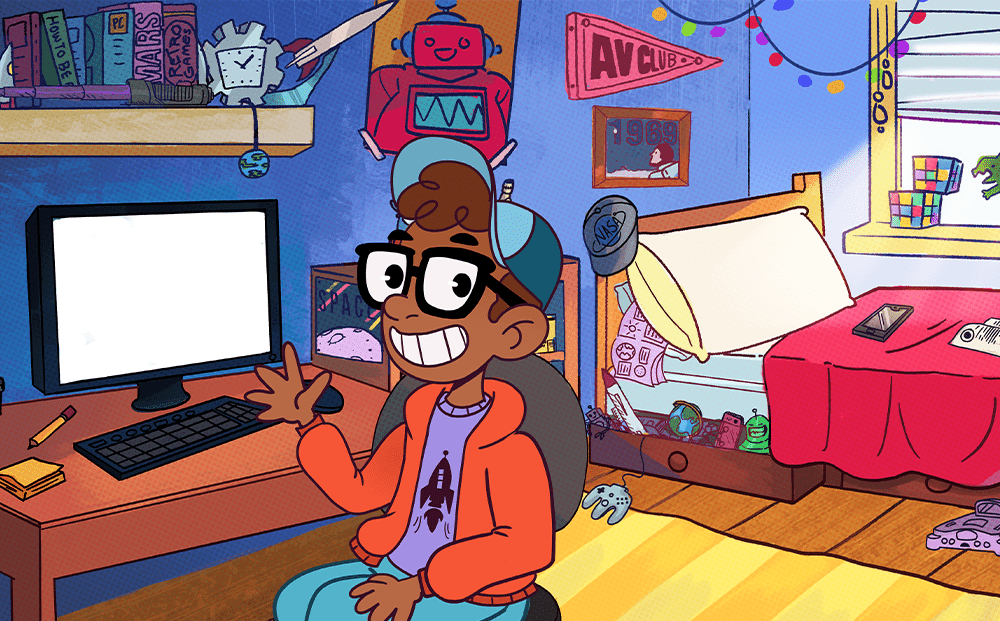 Cartoon of student smiling and waving next to computer